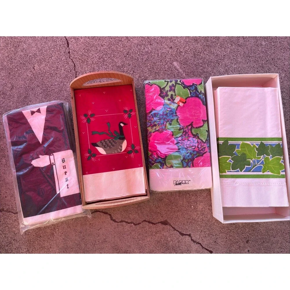 Vintage Hallmark Facial Guest Towel Napkin Lot Wood Holder Geese Mod Leaves Tux